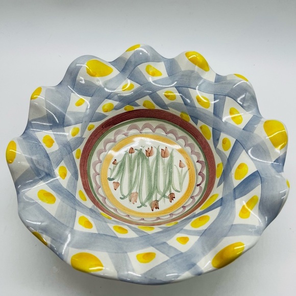 Mackenzie-Child’s Aalsmeer Vintage Aalsmeer Ruffled Blue and Yellow Ceramic Bowl - Picture 1 of 9